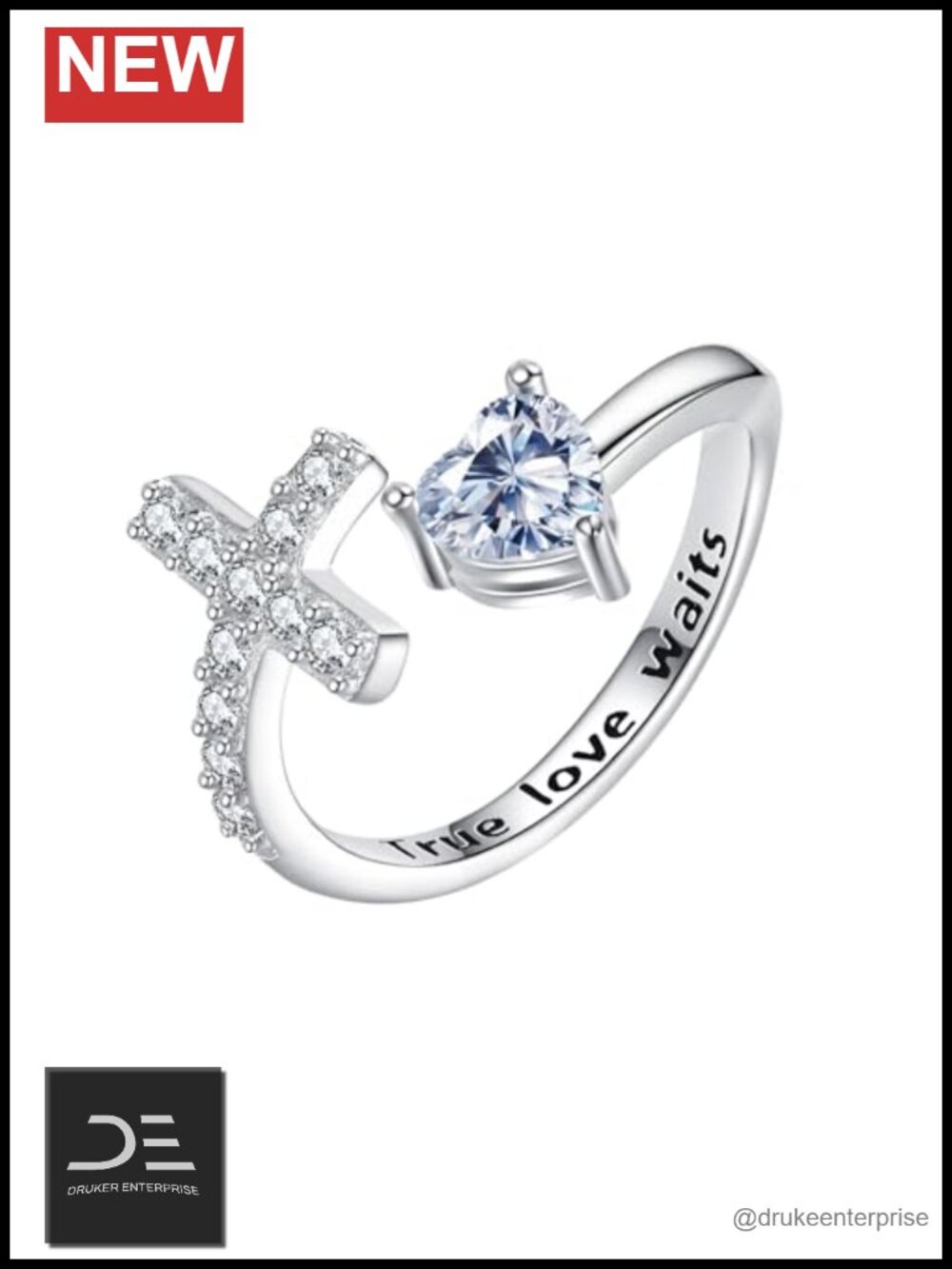 Moissanite Cross Purity Ring 925 Sterling Silver Adjustable Open Band